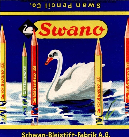 Etikett vom Swano-Ölfarbstiftetui (Unternehmensarchiv der Firmengruppe Schwan-STABILO CC BY-NC-ND)