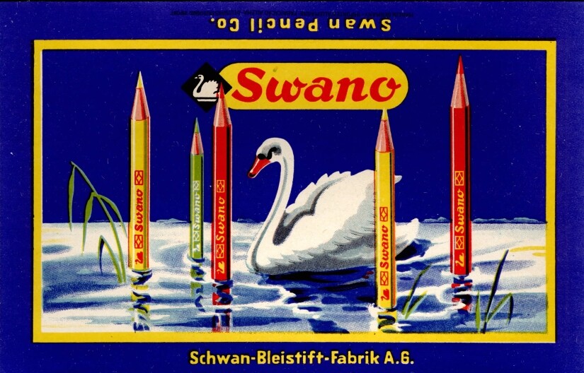 Etikett vom Swano-Ölfarbstiftetui (Unternehmensarchiv der Firmengruppe Schwan-STABILO CC BY-NC-ND)