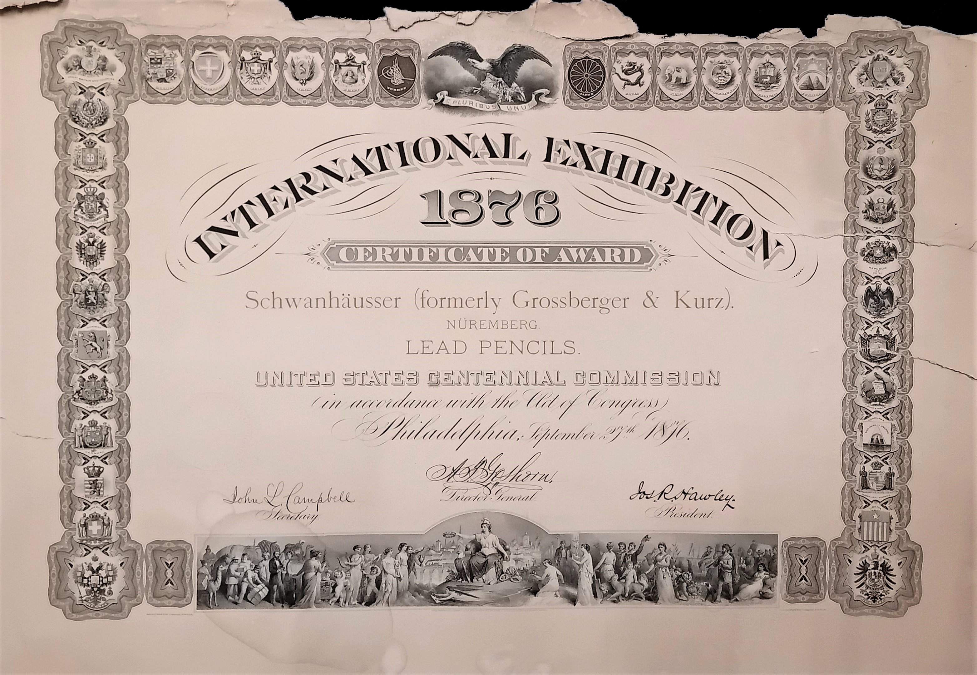 International Exhibition Certificate of Award 1876 Schwanhäusser (Unternehmensarchiv der Firmengruppe Schwan-STABILO CC BY-NC-ND)