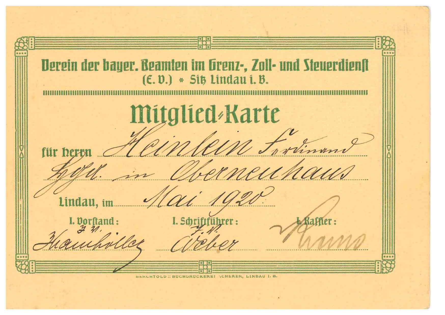 Mitgliedskarte bayr. Beamten im Grenz-, Zoll- und Steuerdienst (Fränkische Schweiz-Museum Tüchersfeld CC BY-NC-SA)