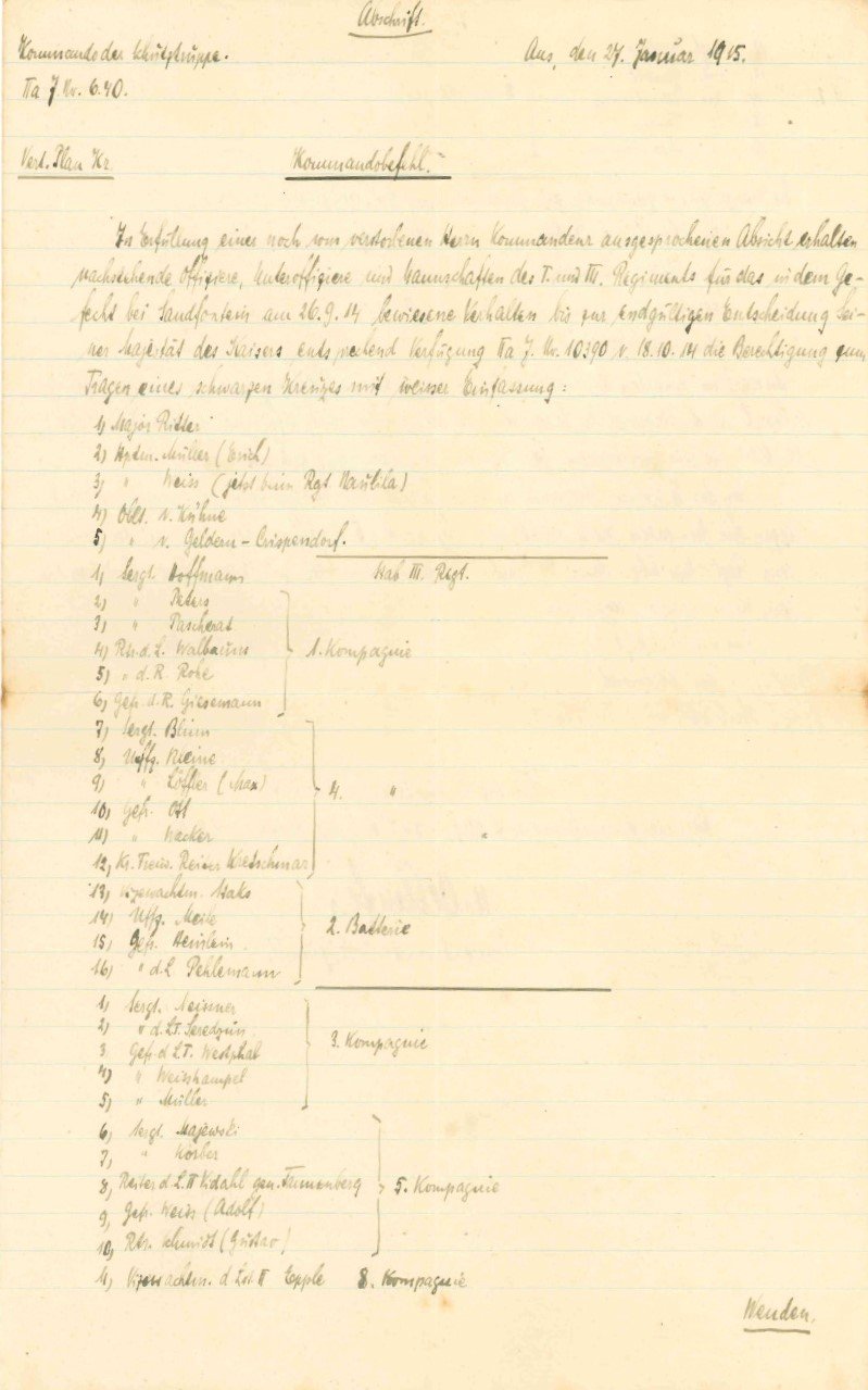 Abschrift eines Befehls von 27. Januar 1915 (Fränkische Schweiz-Museum Tüchersfeld CC BY-NC-SA)