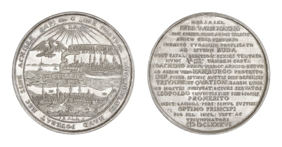 Medaille auf die Beteiligung des Kurfürsten Friedrich Wilhelm von Brandenburg beim Entsatz von Hamburg und der Eroberung von Buda (Kunstsammlungen der Veste Coburg CC BY-NC-SA)