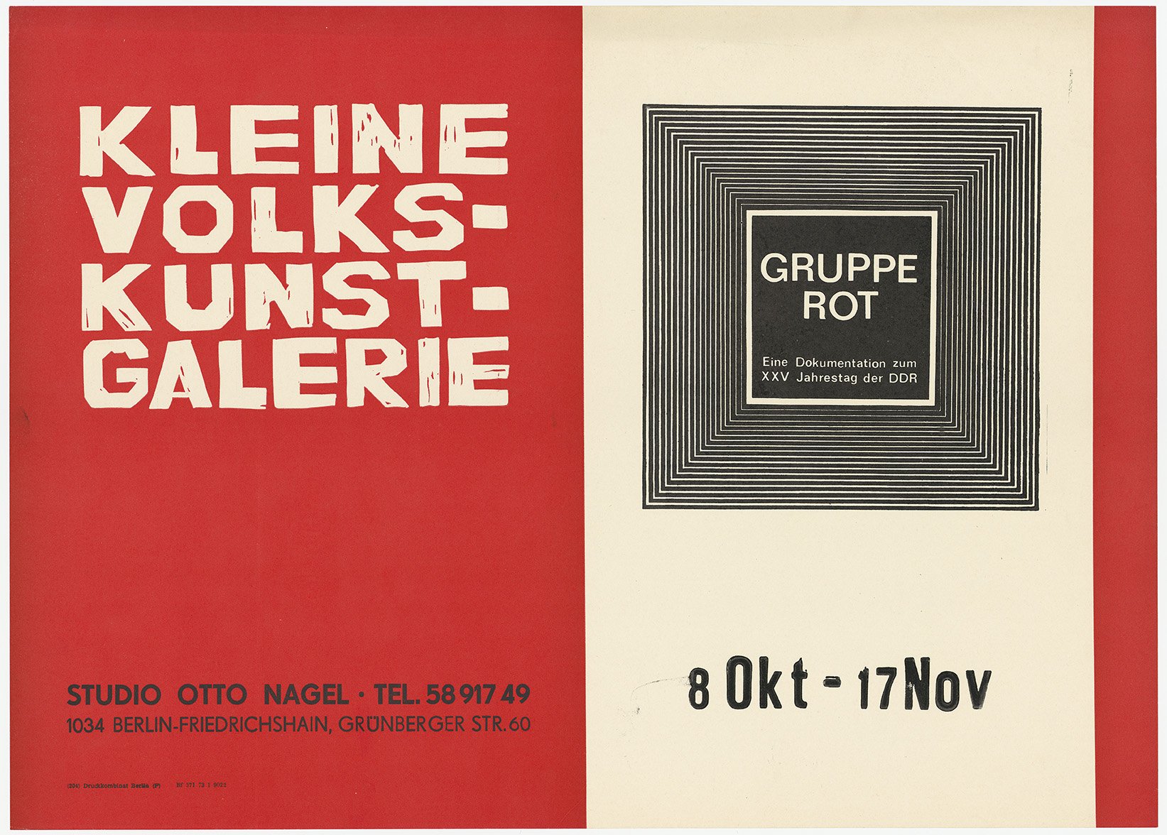 Ausstellungswerbung: "Gruppe Rot: Eine Dokumentation zum XXV. Jahrestag der DDR" vom 08. Oktober bis zum 17. November 1974 (FHXB Friedrichshain-Kreuzberg Museum CC BY-NC-SA)