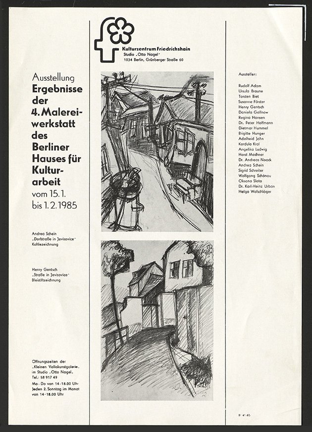 Ausstellungswerbung: "Ergebnisse der 4. Malerei-Werkstatt des Berliner Hauses für Kulturarbeit" vom 15.01. bis zum 01.02.1985 (FHXB Friedrichshain-Kreuzberg Museum CC BY-NC-SA)