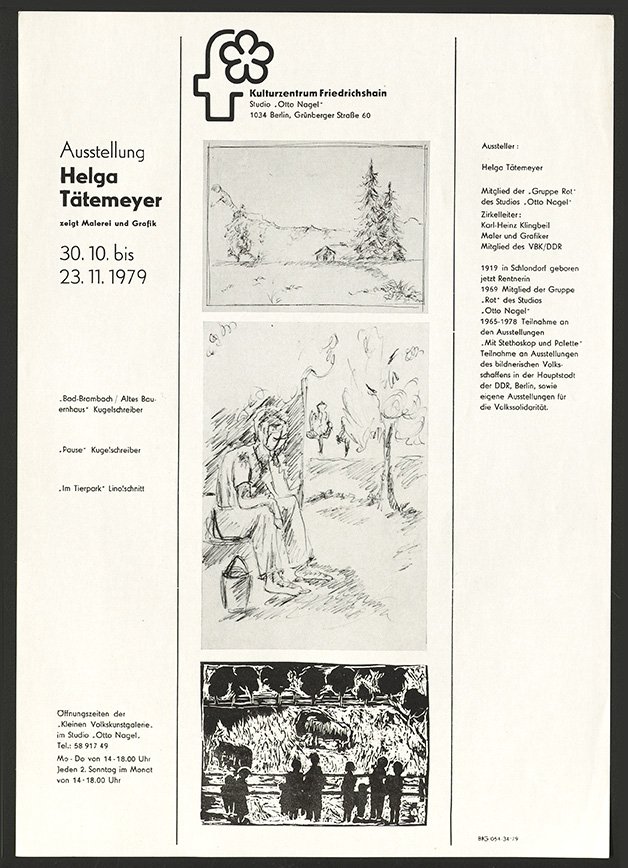 Ausstellungswerbung: "Helga Tätemeyer zeigt Malerei und Grafik" vom 30.10. bis zum 23.11.1979 (FHXB Friedrichshain-Kreuzberg Museum CC BY-NC-SA)