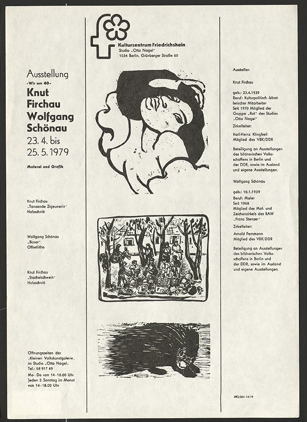 Ausstellungswerbung: "- Wir um 40 - Knut Firchau / Wolfgang Schönau" vom 23.04. bis zum 25.05.1979 (FHXB Friedrichshain-Kreuzberg Museum CC BY-NC-SA)