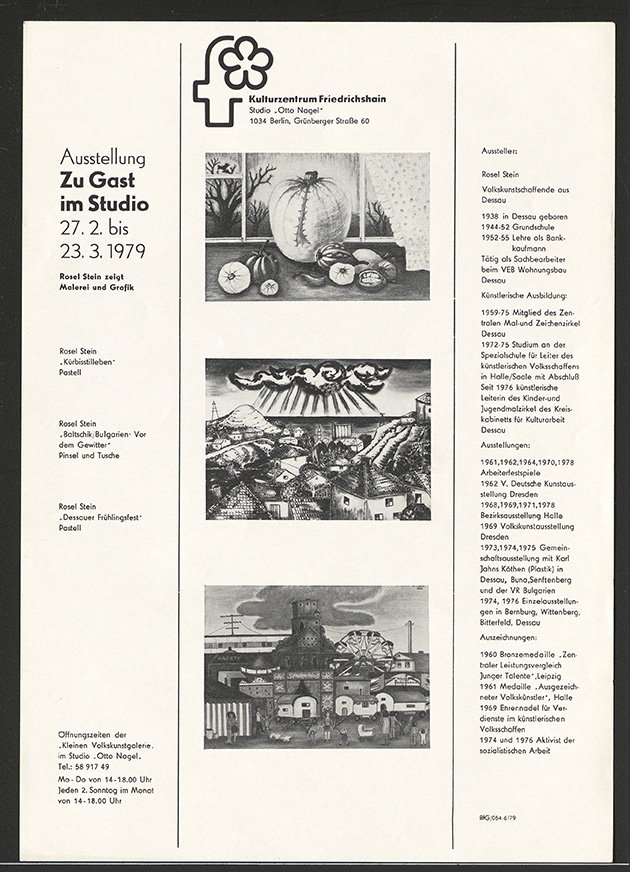 Austellungswerbung: "Zu Gast im Studio. Rosel Stein zeigt Malerei und Grafik" vom 27.02. bis zum 23.03.1979 (FHXB Friedrichshain-Kreuzberg Museum CC BY-NC-SA)