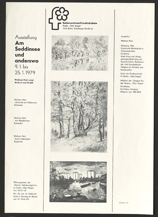 Austellungswerbung: "Am Seddinsee und anderswo. Wolfram Petri zeigt Malerei und Grafik vom 09.01. bis zum 25.01.1979 (FHXB Friedrichshain-Kreuzberg Museum CC BY-NC-SA)