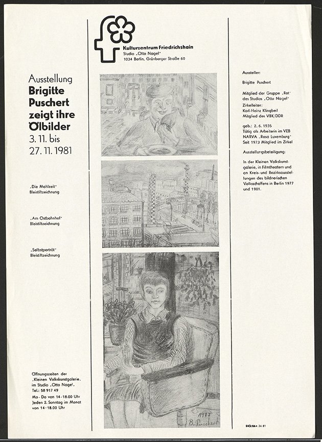 Austellungswerbung: "Brigitte Puschert zeigt ihre Ölbilder" vom 03.11. bis zum 27.11.1981 (FHXB Friedrichshain-Kreuzberg Museum CC BY-NC-SA)