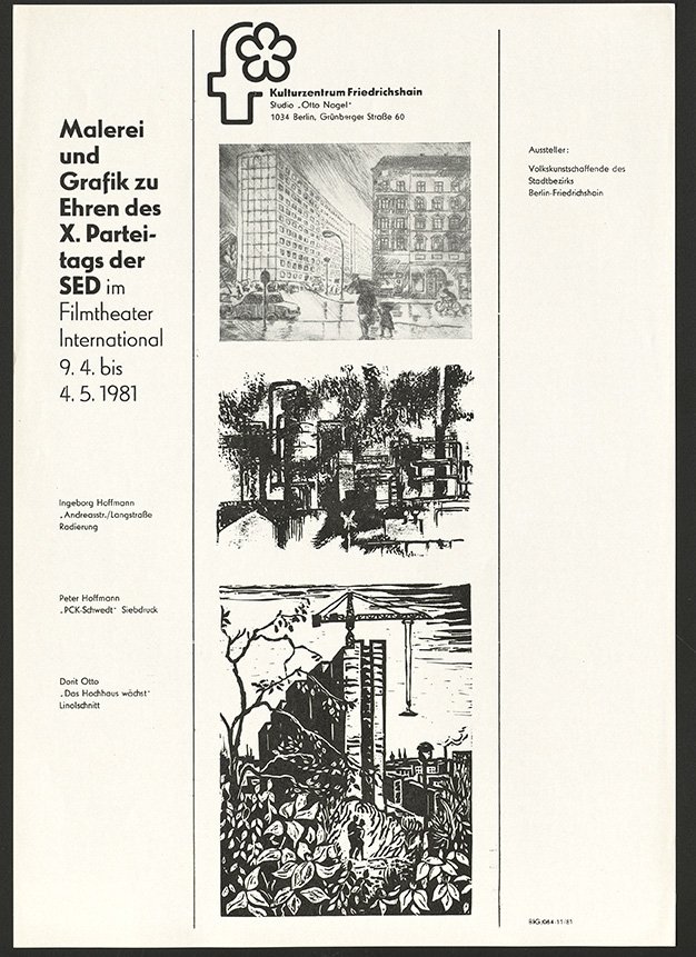 Austellungswerbung: "Malerei und Grafik zu Ehren des X. Parteitags der SED" vom 09.04. bis zum 04.05.1981 (FHXB Friedrichshain-Kreuzberg Museum CC BY-NC-SA)