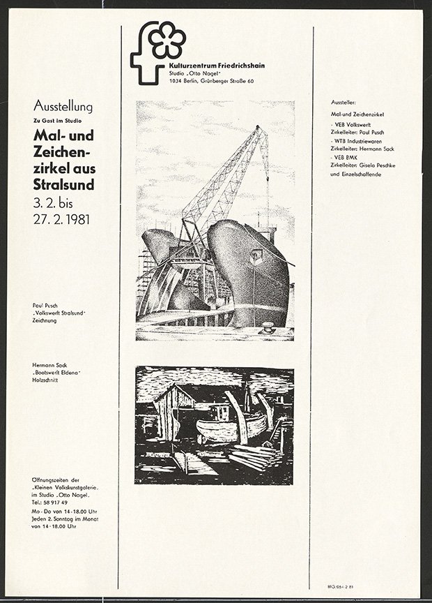 Austellungswerbung: "Zu Gast im Studio - Mal- und Zeichenzirkel aus Stralsund" vom 03.02. bis zum 27.02.1981 (FHXB Friedrichshain-Kreuzberg Museum CC BY-NC-SA)