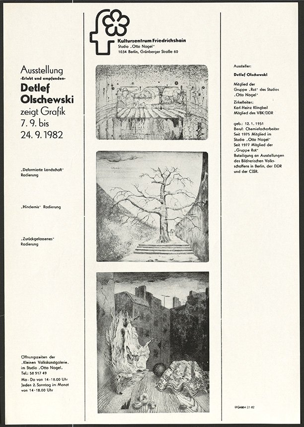 Austellungswerbung: "Erlebt und empfunden. Detlef Olschewski zeigt Grafik" vom 07.09. bis zum 24.09.1982 (FHXB Friedrichshain-Kreuzberg Museum CC BY-NC-SA)