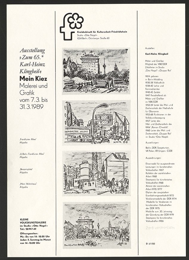 Austellungswerbung: "Zum 65.* Karl-Heinz Klingbeil: Mein Kiez. Malerei und Grafik" vom 07.03. bis zum 31.03.1989 (FHXB Friedrichshain-Kreuzberg Museum CC BY-NC-SA)