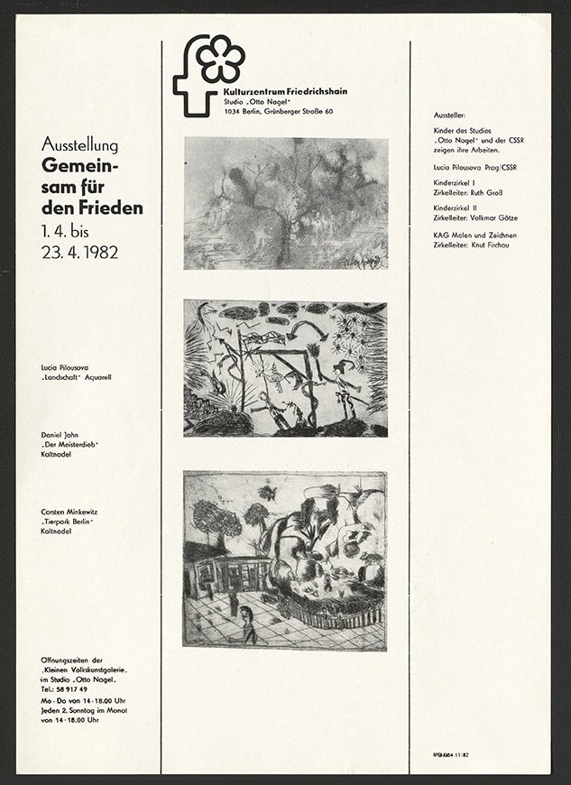 Austellungswerbung: "Gemeinsam für den Frieden" vom 01.04. bis zum 23.05.1982 (FHXB Friedrichshain-Kreuzberg Museum CC BY-NC-SA)
