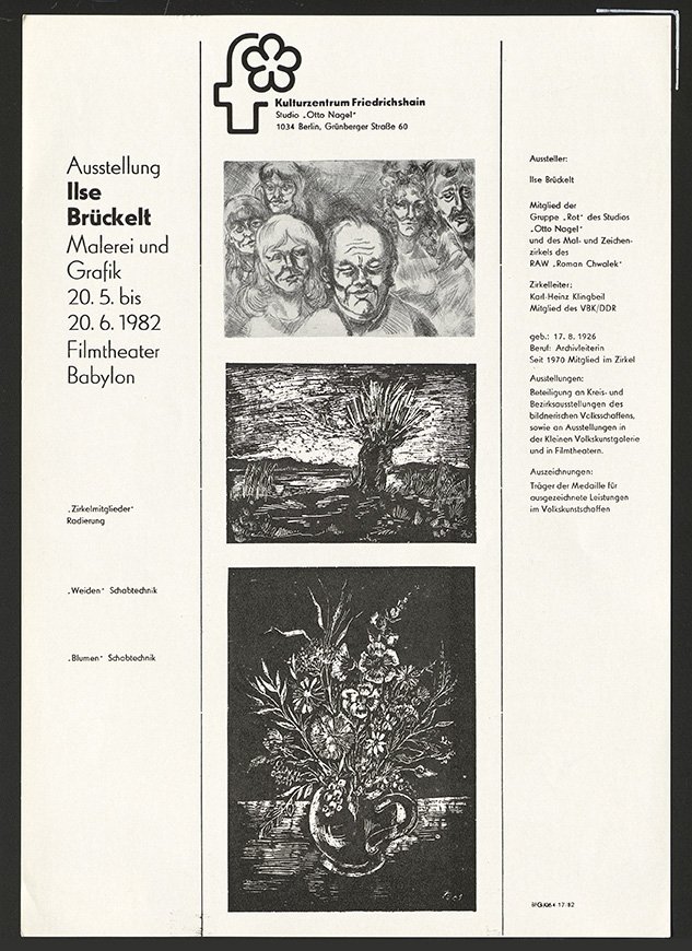 Austellungswerbung: "Ilse Brückelt zeigt Malerei und Grafik" vom 20.05. bis zum 20.6.1982 (FHXB Friedrichshain-Kreuzberg Museum CC BY-NC-SA)