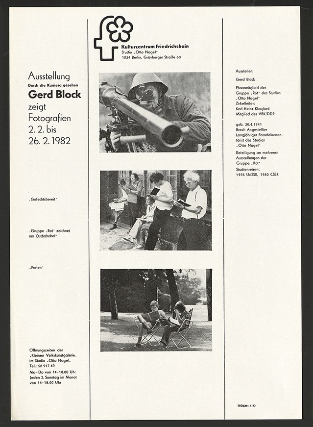 Austellungswerbung: "Durch die Kamera gesehen. Gerd Block zeigt Fotografien" vom 02.02. bis zum 26.02.1982 (FHXB Friedrichshain-Kreuzberg Museum CC BY-NC-SA)