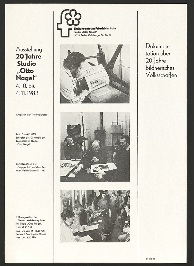 Austellungswerbung: "20 Jahre Studio ,Otto Nagel'" vom 04.10. bis zum 04.11.1983 (FHXB Friedrichshain-Kreuzberg Museum CC BY-NC-SA)