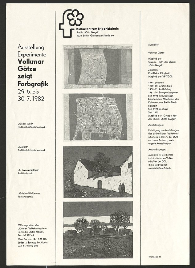 Austellungswerbung: "Experimente. Volkmar Götze zeigt Farbgrafik" vom 29.06. bis zum 30.07.1982 (FHXB Friedrichshain-Kreuzberg Museum CC BY-NC-SA)