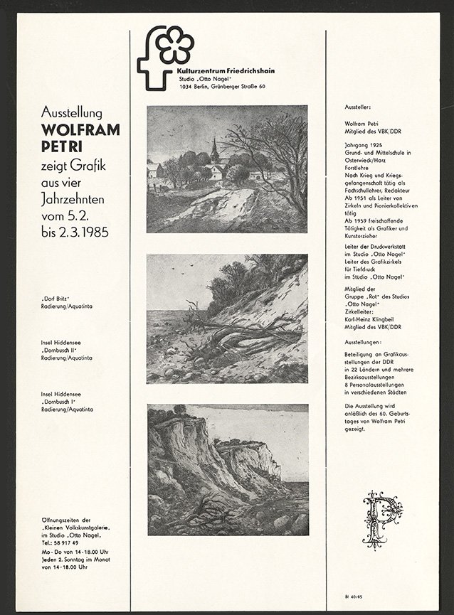 Austellungswerbung: "Wolfram Petri zeigt Grafik aus vier Jahrzehnten" vom 05.02. bis zum 02.03.1985 (FHXB Friedrichshain-Kreuzberg Museum CC BY-NC-SA)