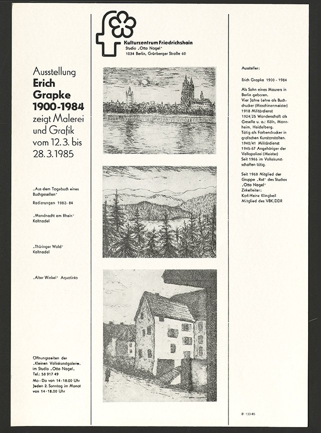 Austellungswerbung: "Erich Grapke 1900-1984 zeigt Malerei und Grafik" vom 12.03. bis zum 28.03.1985 (FHXB Friedrichshain-Kreuzberg Museum CC BY-NC-SA)