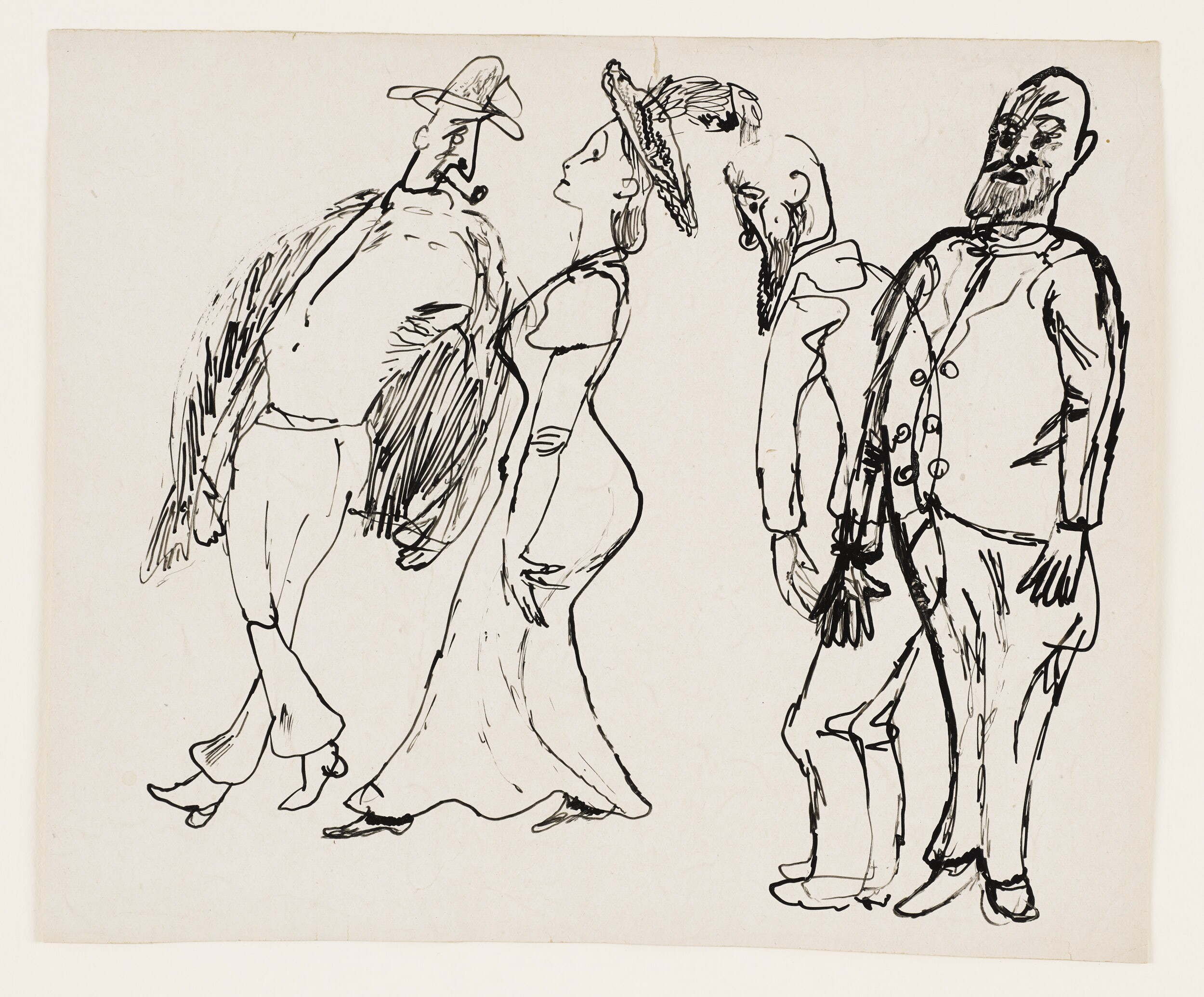 [Frau mit Federhut in Begleitung und zwei bärtige Männer] (Kunstsammlung Pankow, Berlin RR-F)