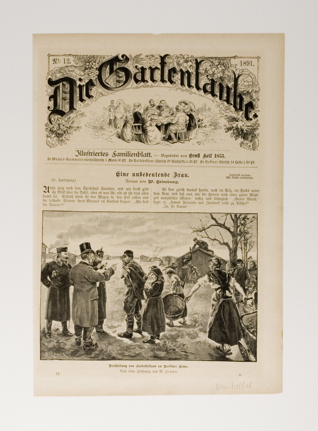 Holzstich in der Zeitschrift "Gartenlaube": "Vertheilung von Kartoffelland an Berliner Arme" (Stiftung Domäne Dahlem - Landgut und Museum, Weiternutzung nur mit Genehmigung des Museums CC BY-NC-SA)