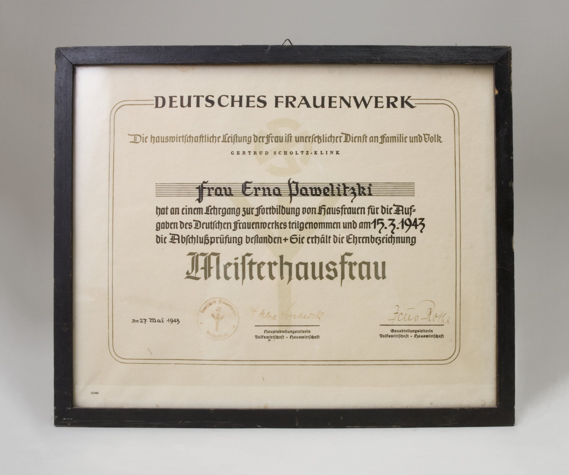Urkunde "Meisterhausfrau" (Stiftung Domäne Dahlem - Landgut und Museum, Weiternutzung nur mit Genehmigung des Museums CC BY-NC-SA)