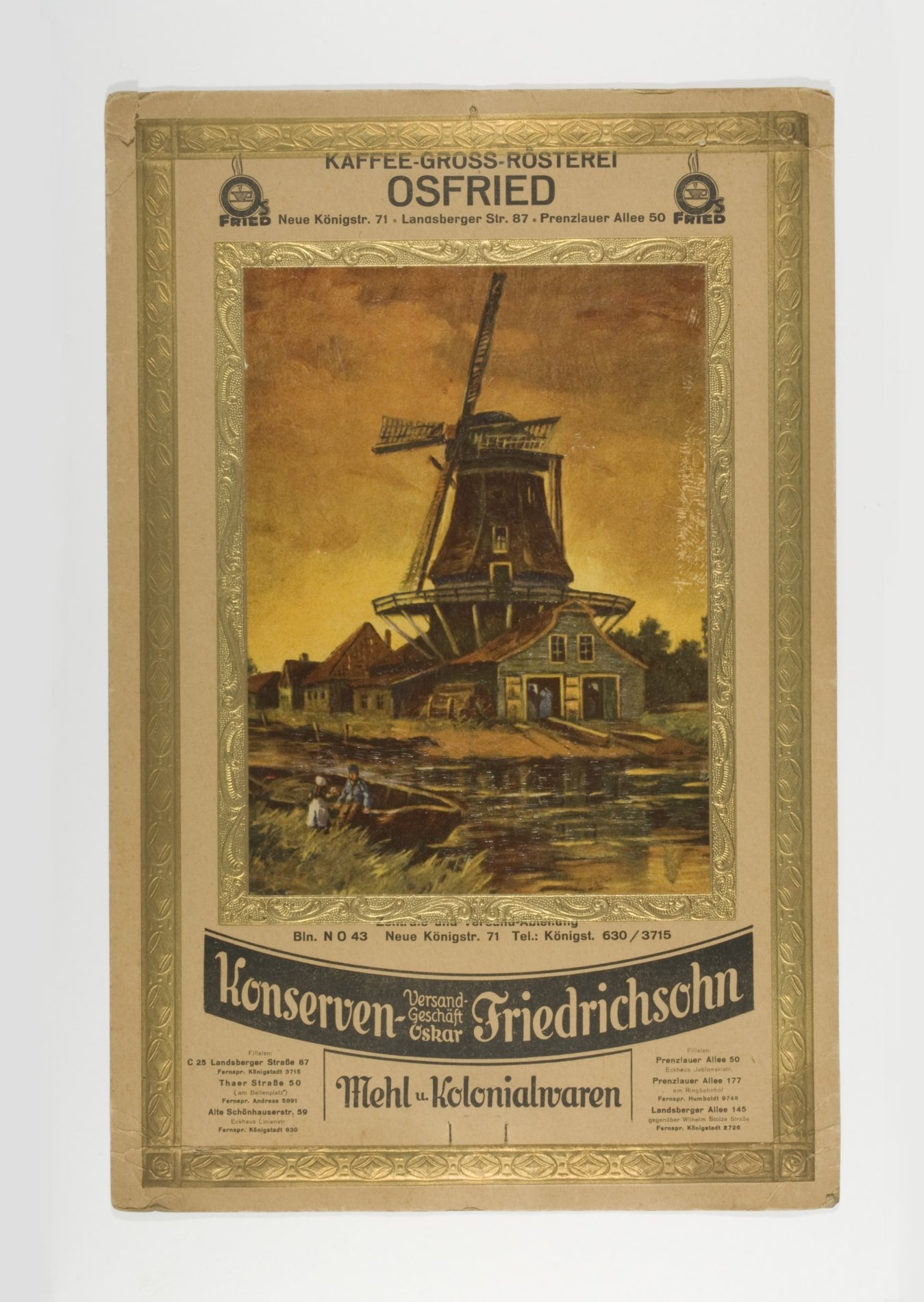Werbeschild "Kaffee Gross-Rösterei Osfried - Konserven Oskar Friedrichsohn" (Stiftung Domäne Dahlem - Landgut und Museum, Weiternutzung nur mit Genehmigung des Museums CC BY-NC-SA)