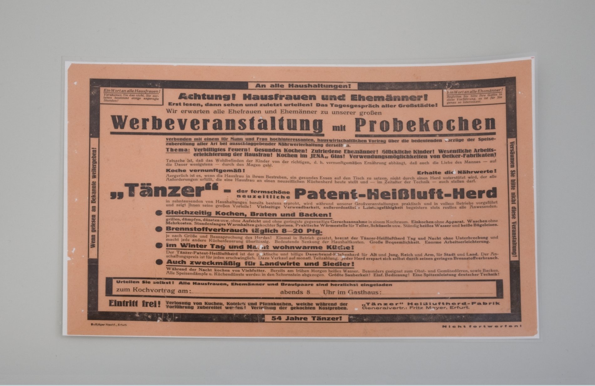 Werbezettel für Probekochveranstaltung mit dem Patent-Heißluft-Herd "Tänzer" (Stiftung Domäne Dahlem - Landgut und Museum, Weiternutzung nur mit Genehmigung des Museums CC BY-NC-SA)