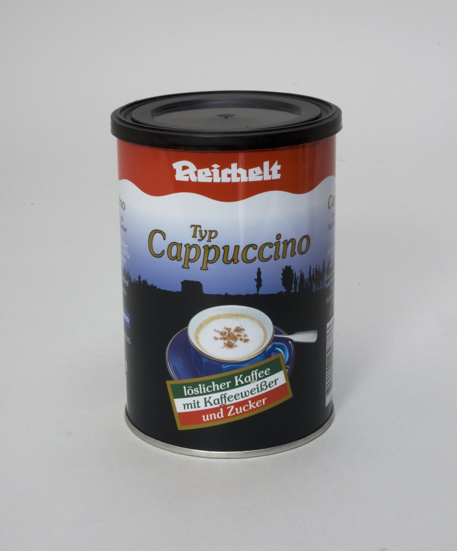 Dose "Löslicher Kaffee Typ Cappuccino" der "Reichelt" Eigenmarke (Stiftung Domäne Dahlem - Landgut und Museum, Weiternutzung nur mit Genehmigung des Museums CC BY-NC-SA)