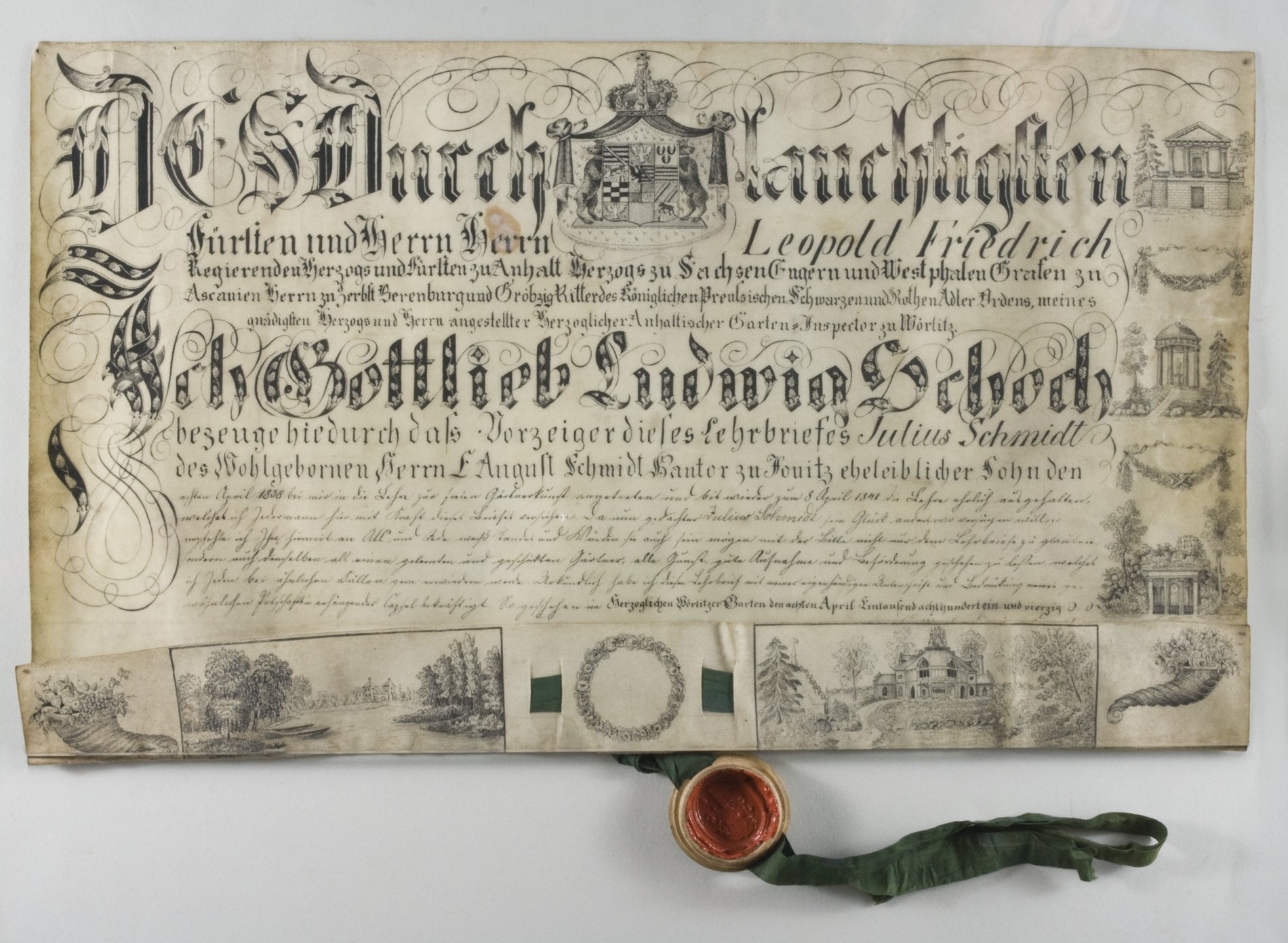 Lehrbrief von G.L.Schoch für Julius Schmidt, 1841 (Stiftung Domäne Dahlem - Landgut und Museum, Weiternutzung nur mit Genehmigung des Museums CC BY-NC-SA)