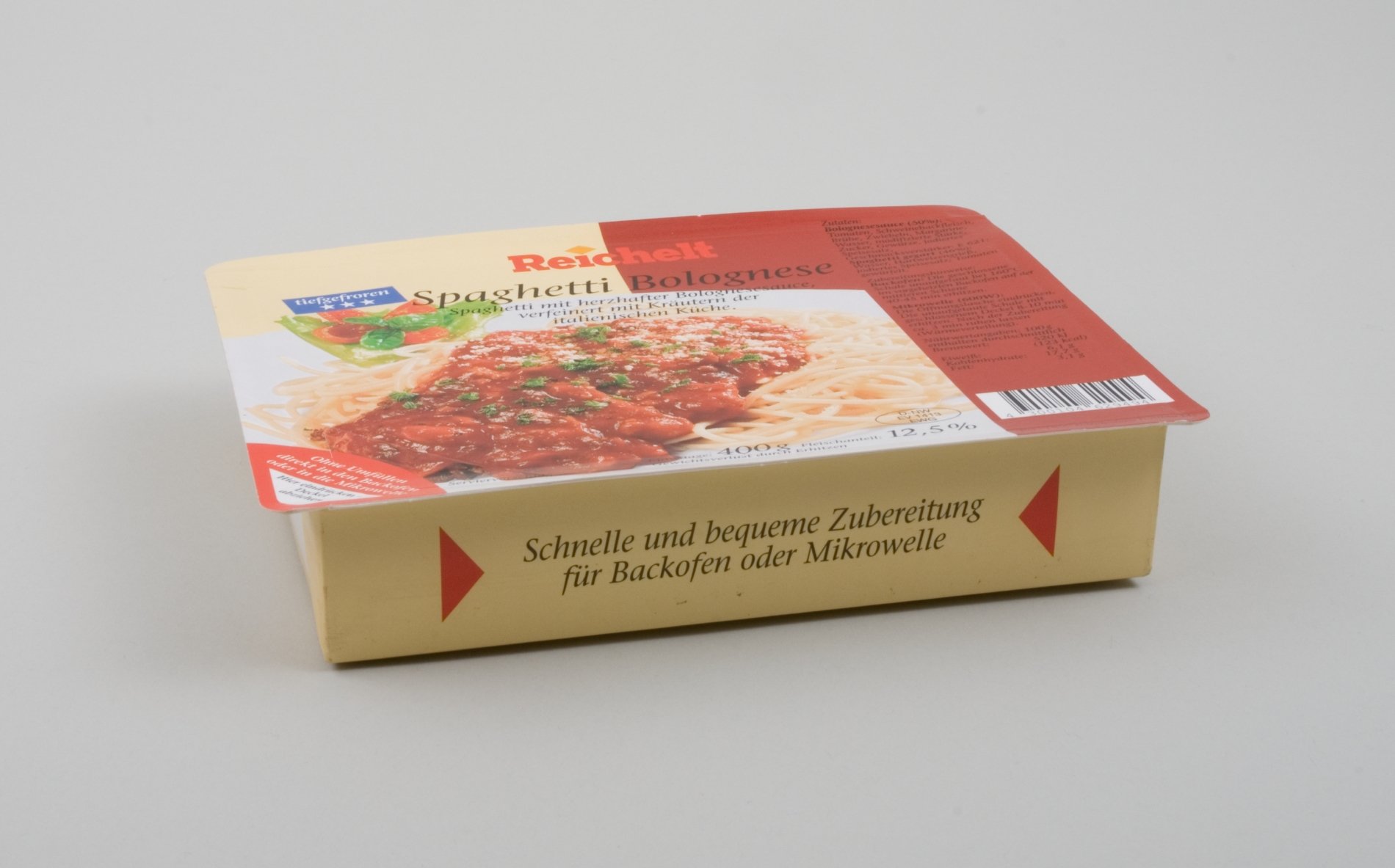 Fertiggericht- Verpackung für "Spaghetti Bolognese" der Firma "Reichelt" (Stiftung Domäne Dahlem - Landgut und Museum, Weiternutzung nur mit Genehmigung des Museums CC BY-NC-SA)