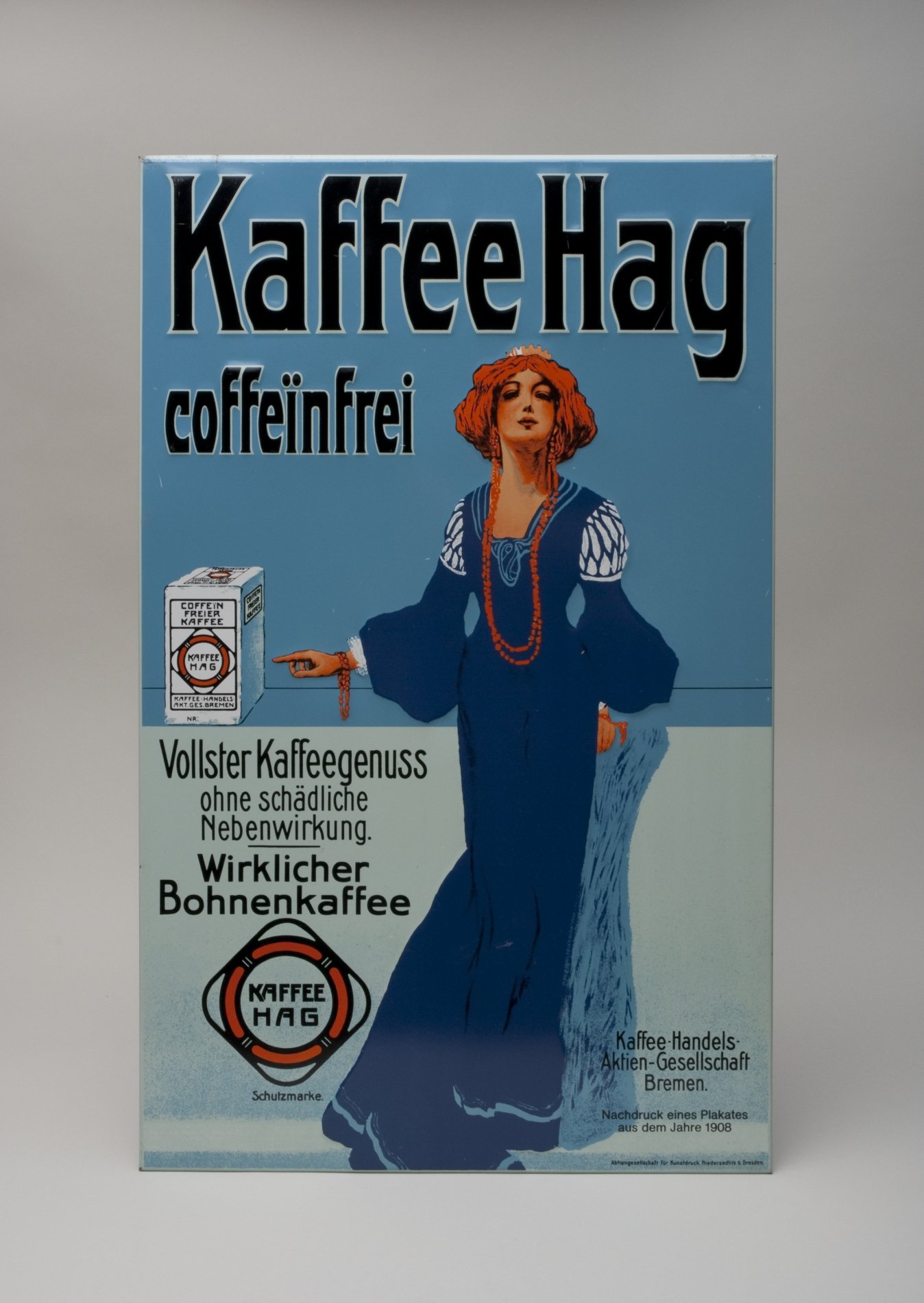 HAG - Werbeschild aus Blech, Neuauflage eines Originales von 1908 (Stiftung Domäne Dahlem - Landgut und Museum, Weiternutzung nur mit Genehmigung des Museums CC BY-NC-SA)