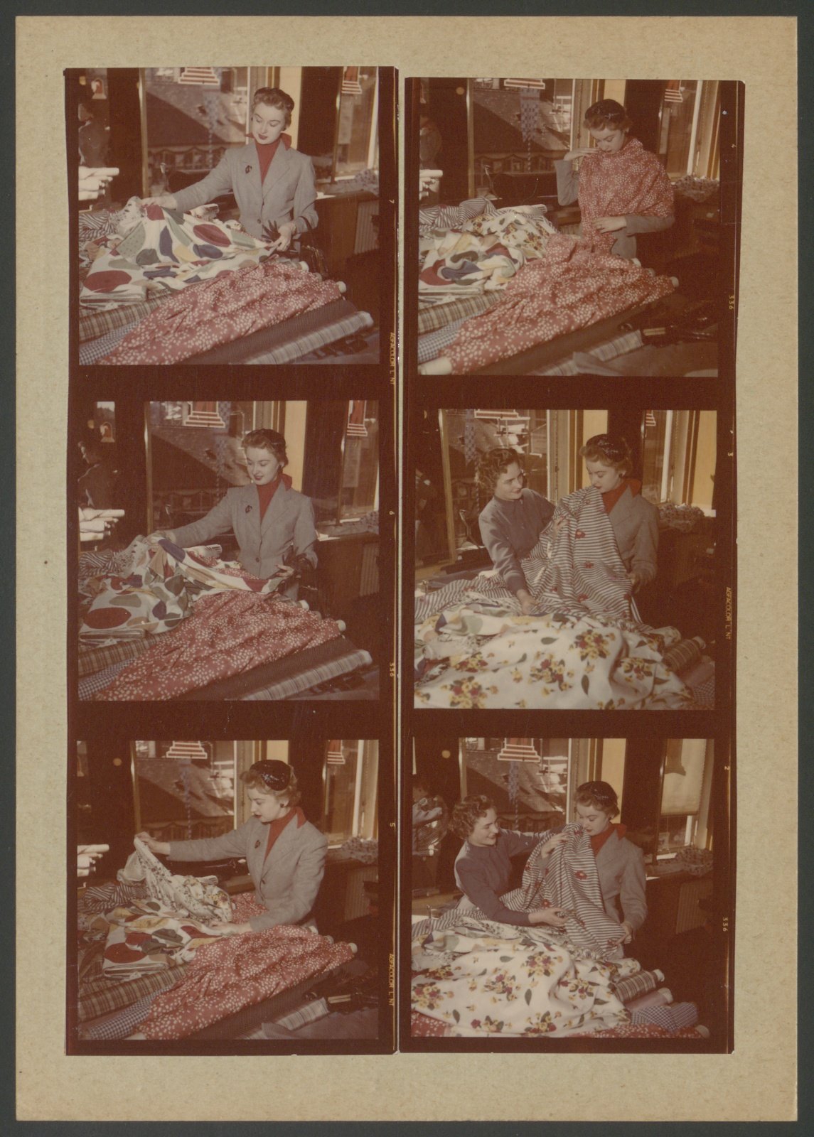 Fotografie: mehrere Motive einer Dame beim Anschauen verschiedener Textilien (Stiftung Deutsches Technikmuseum Berlin CC0)