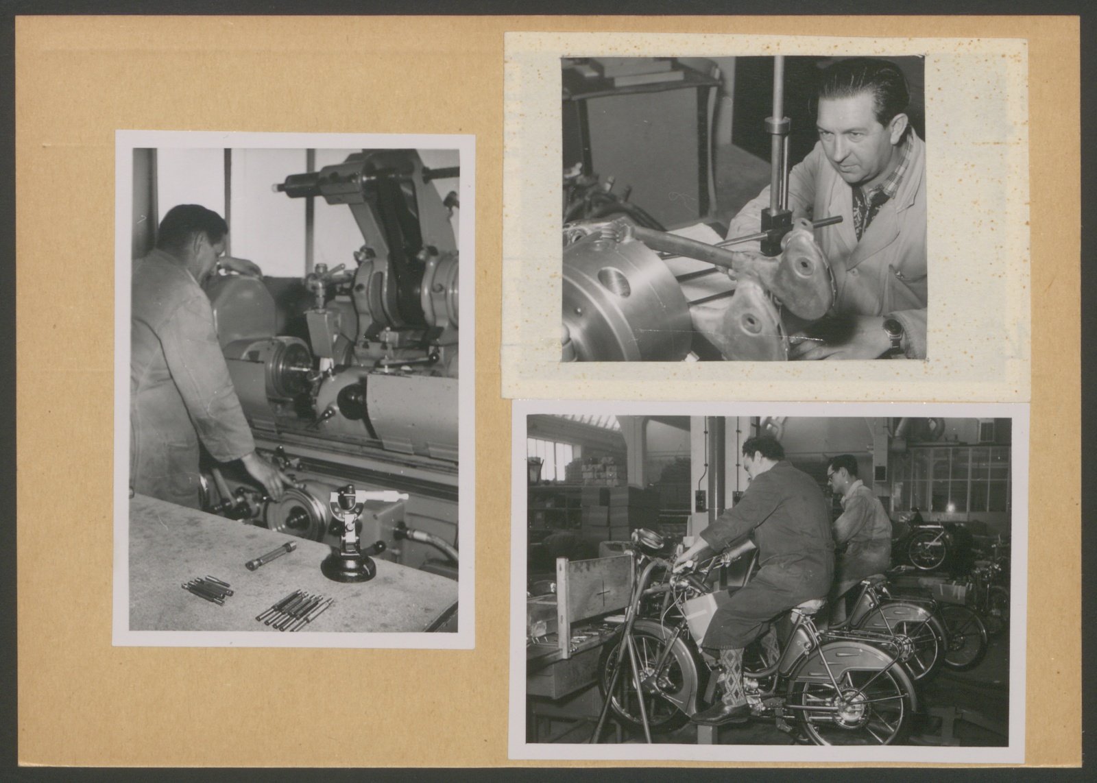 Fotografie: Innenansicht einer Werkshalle, Arbeiter bei der Fertigung, mehrere Motive (Stiftung Deutsches Technikmuseum Berlin CC0)