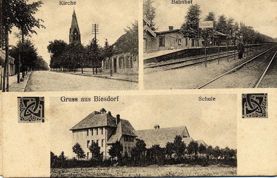 Ansichtskarte: Biesdorf (Kirche, Schule, Bahnhof) (Bezirksmuseum Marzahn-Hellersdorf CC BY-NC-ND)