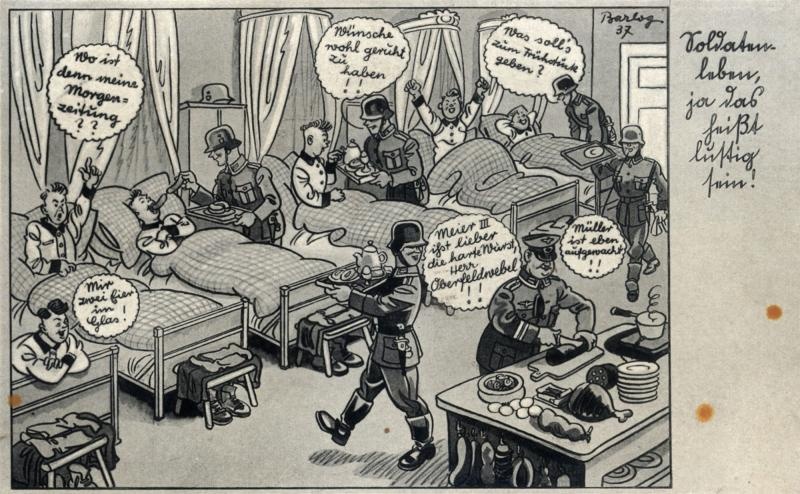 Humorfeldpostkarte »Soldatenleben, ja das heißt lustig sein!« aus der Zeit des Zweiten Weltkrieges (Militärhistorisches Museum der Bundeswehr - Flugplatz Berlin-Gatow CC BY-NC-SA)