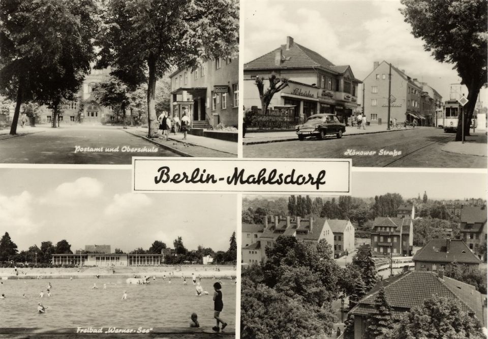Ansichtskarte: Mahlsdorf (Postamt, Oberschule, Freibad, Straßenansichten) (Bezirksmuseum Marzahn-Hellersdorf CC BY-NC-ND)