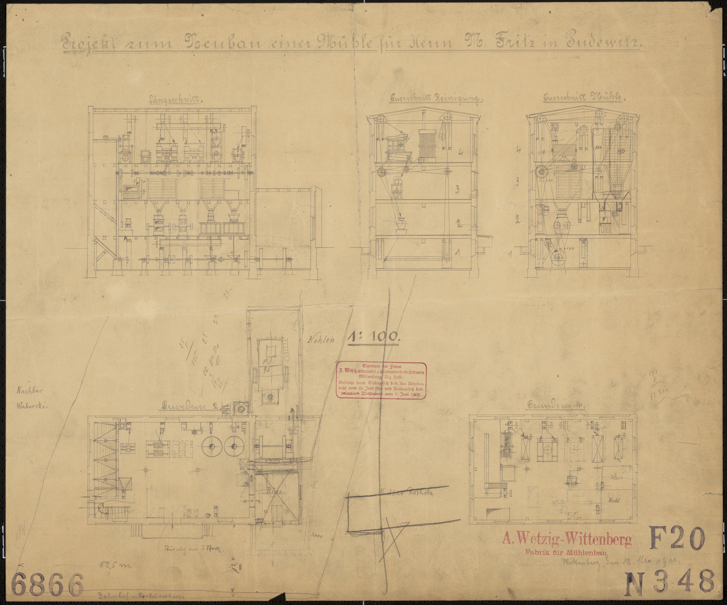 Technische Zeichnung : Projekt zum Neubau einer Mühle für Herrn M. Fritz in Pudewitz (Stiftung Deutsches Technikmuseum Berlin CC BY-SA)