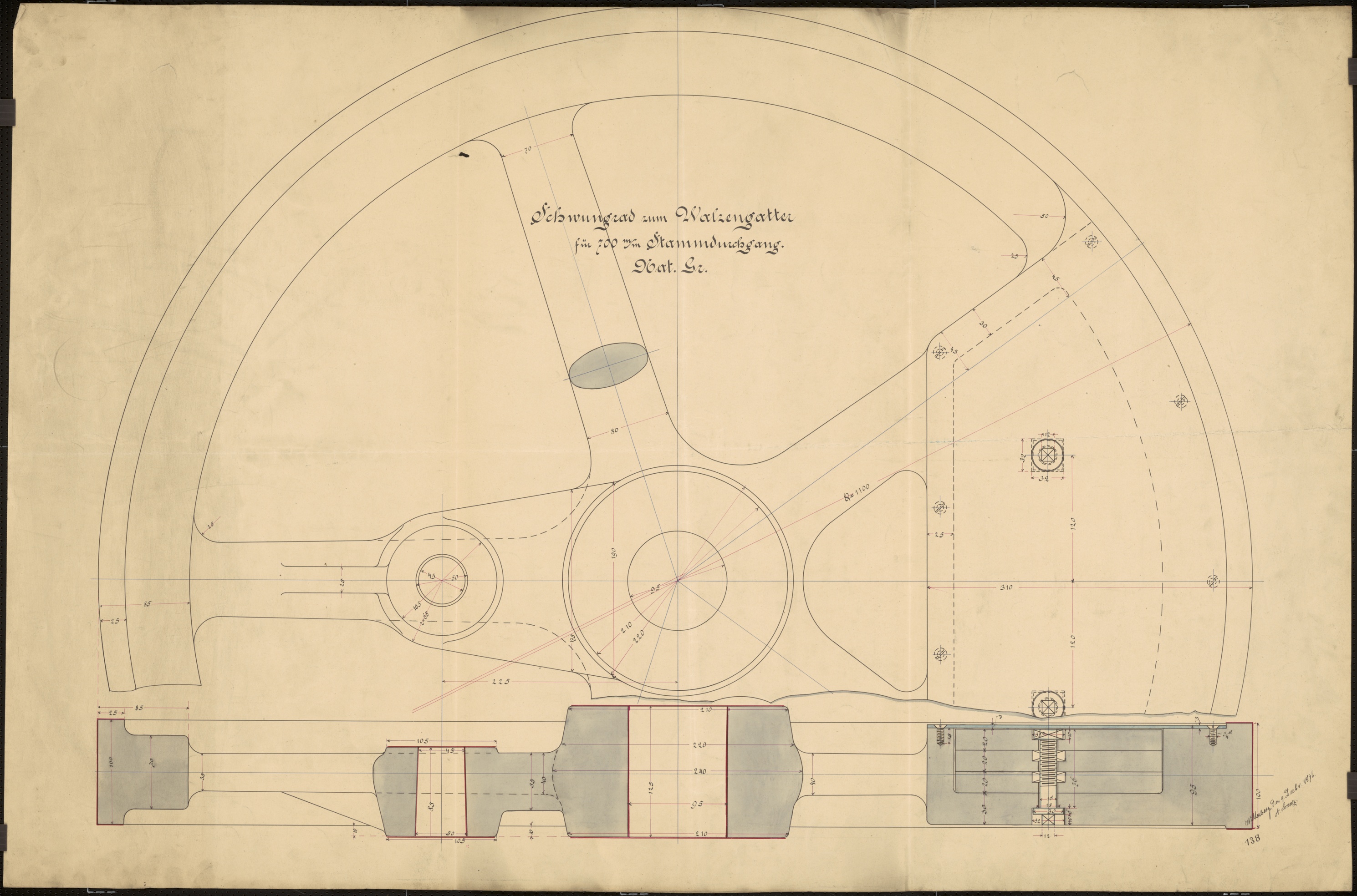 Technische Zeichnung : Schwungrad zum Walzengatter für 700 mm Stammdurchgang (Stiftung Deutsches Technikmuseum Berlin CC BY-SA)