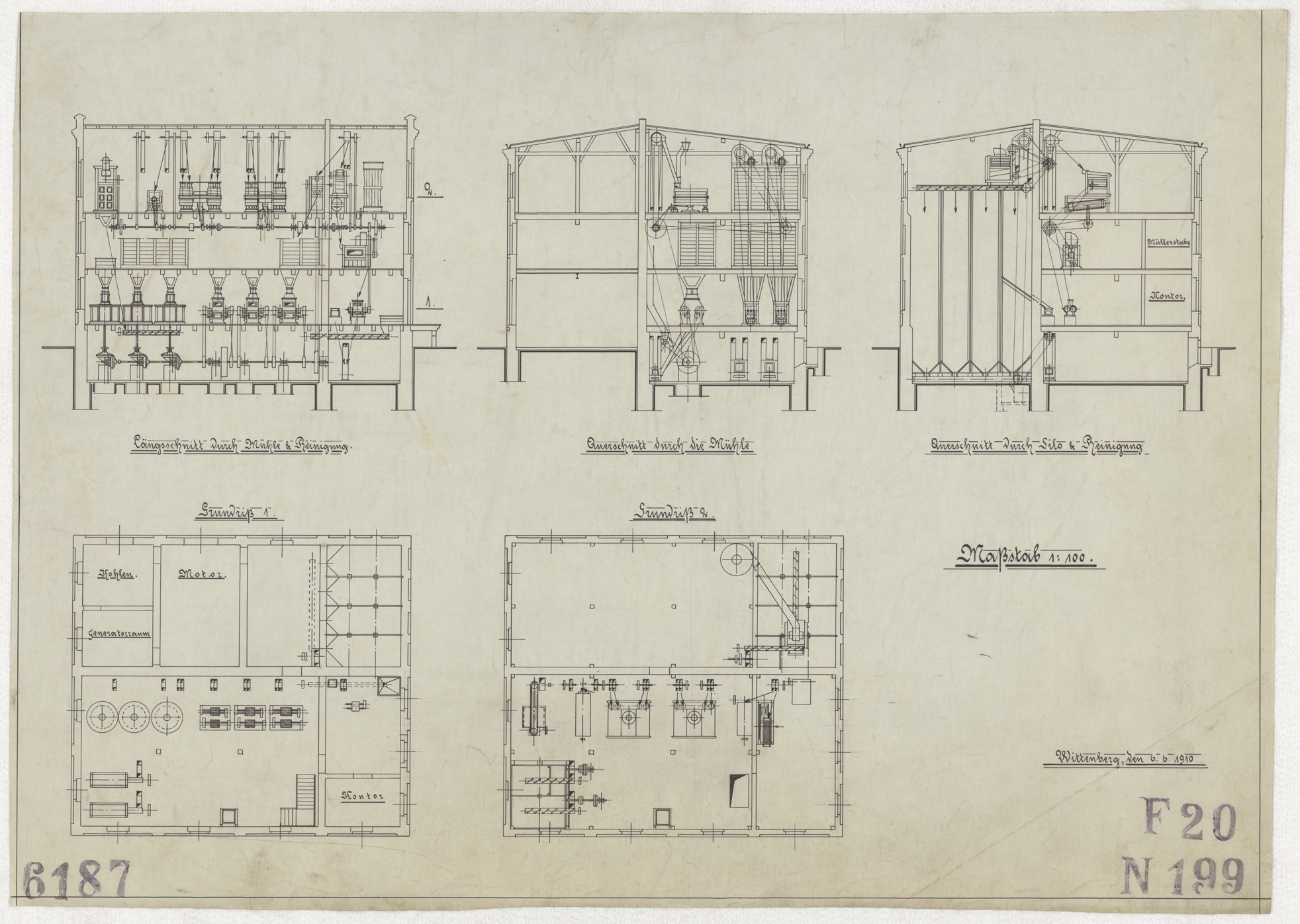 Technische Zeichnung : [Projekt zum Neubau einer Mühle für den Auftraggeber Johann Kreja in Tuchel] (Stiftung Deutsches Technikmuseum Berlin CC BY-SA)