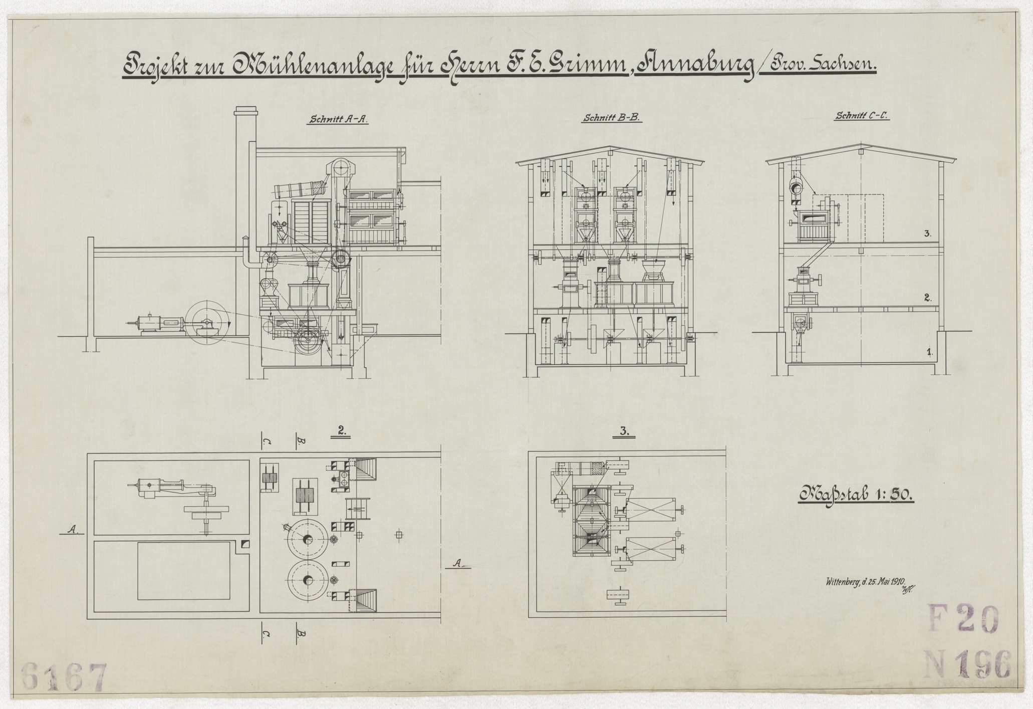 Technische Zeichnung : Projekt zur Mühlenanlage für Herrn F. E. Grimm, Annaburg / Provinz Sachsen (Stiftung Deutsches Technikmuseum Berlin CC BY-SA)