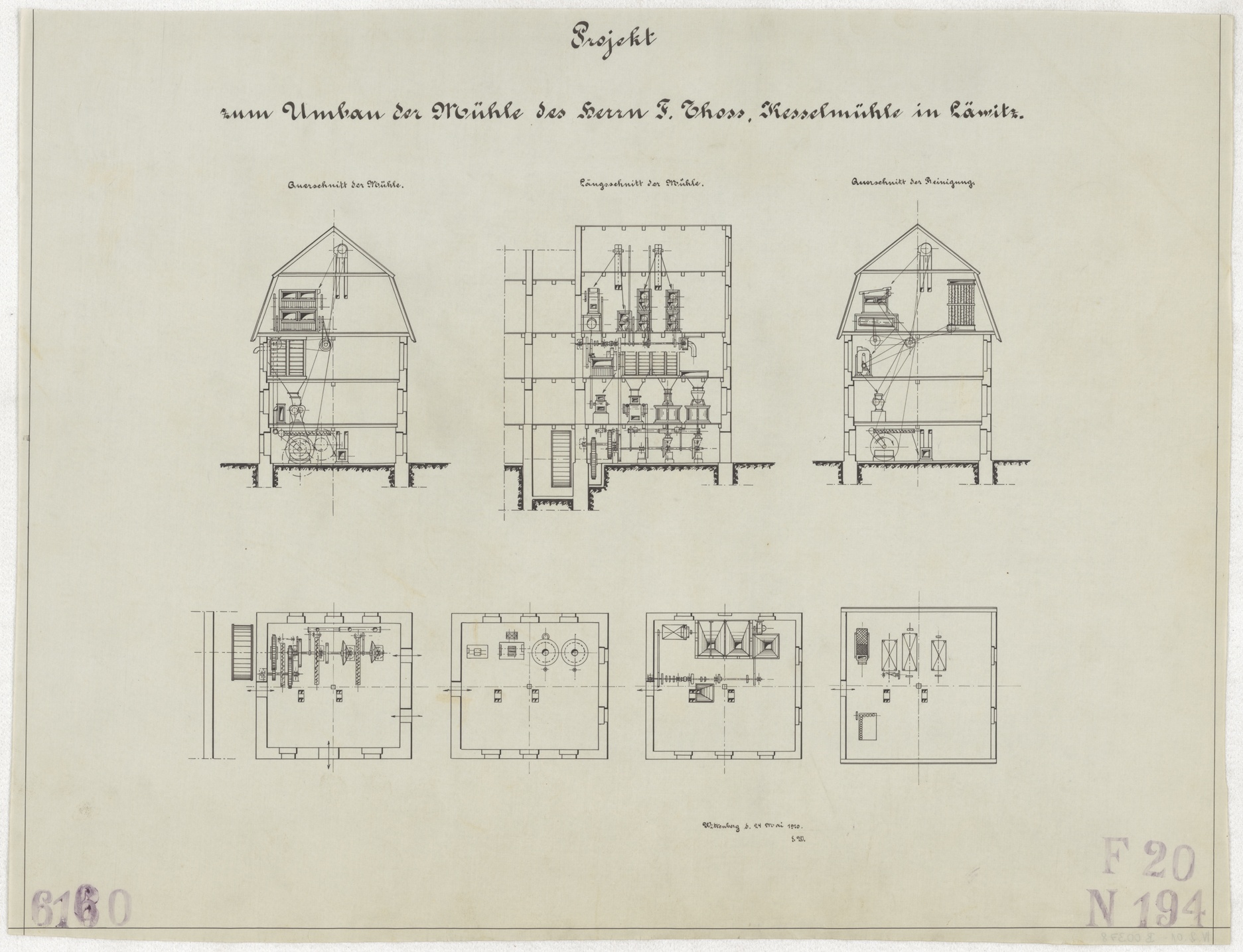 Technische Zeichnung : Projekt zum Umbau der Mühle des Herrn Ferdinand Thoss, Kesselmühle in Läwitz (Stiftung Deutsches Technikmuseum Berlin CC BY-SA)