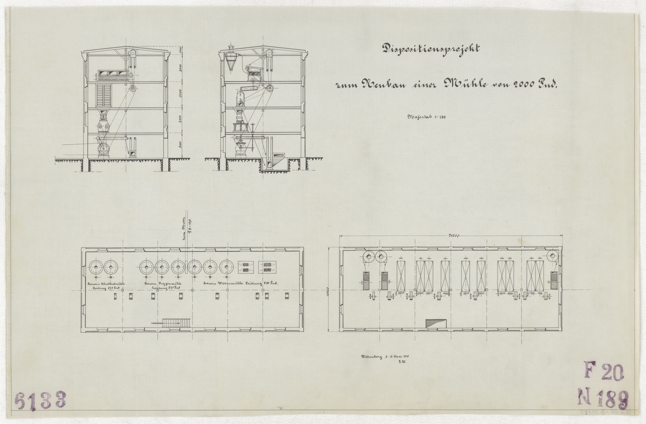 Technische Zeichnung : Dispositionsprojekt zum Neubau einer Mühle von 2000 Pud [Leistung] (Stiftung Deutsches Technikmuseum Berlin CC BY-SA)