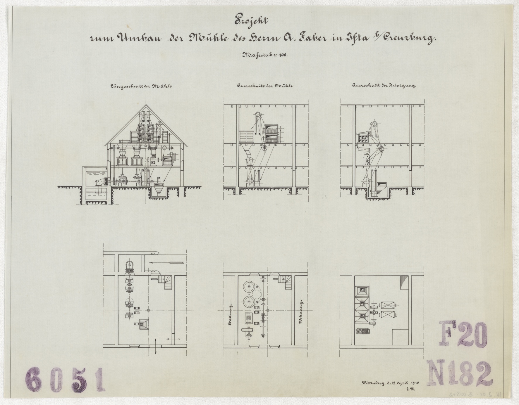 Technische Zeichnung : Projekt zum Umbau der Mühle des Herrn A. Faber in Ifta bei Creuzburg (Stiftung Deutsches Technikmuseum Berlin CC BY-SA)