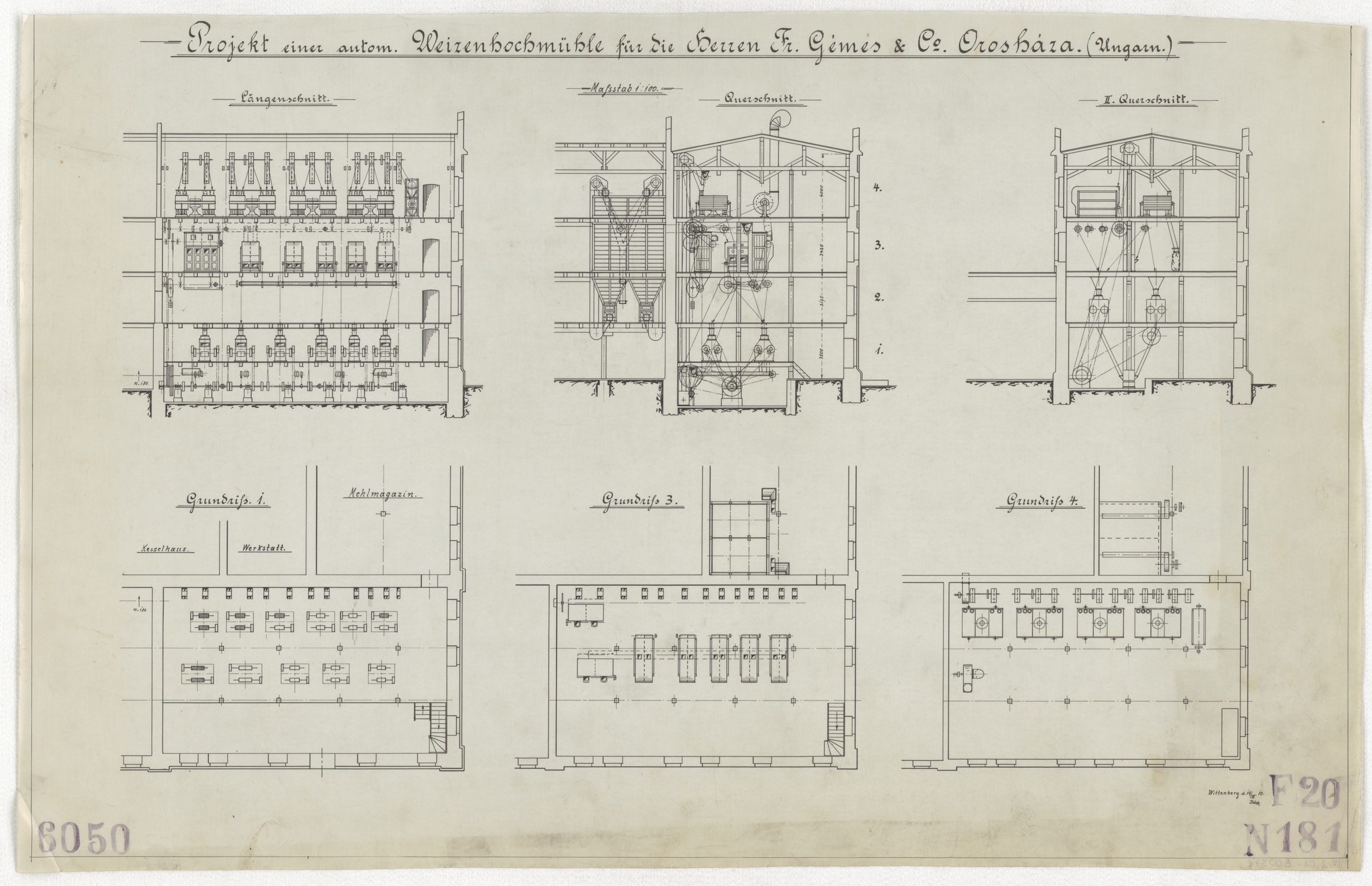 Technische Zeichnung : Projekt einer automatischen Weizenhochmühle für die Herren Fr. Gémes & Co., Orosháza (Ungarn) (Stiftung Deutsches Technikmuseum Berlin CC BY-SA)