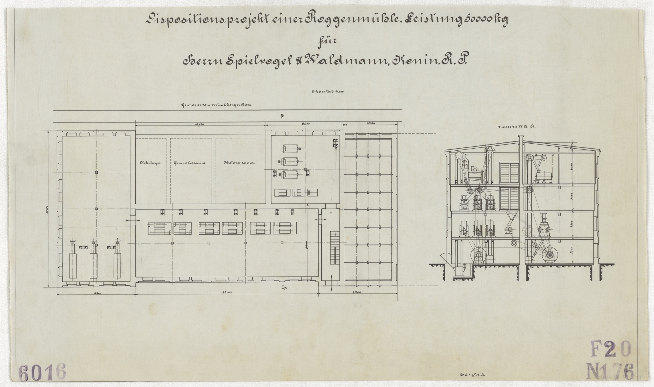 Technische Zeichnung : Dispositionsprojekt einer Roggenmühle, Leistung 50000 kg[,] für Herrn Spielvogel & Waldmann, Konin, R. P. (Stiftung Deutsches Technikmuseum Berlin CC BY-SA)