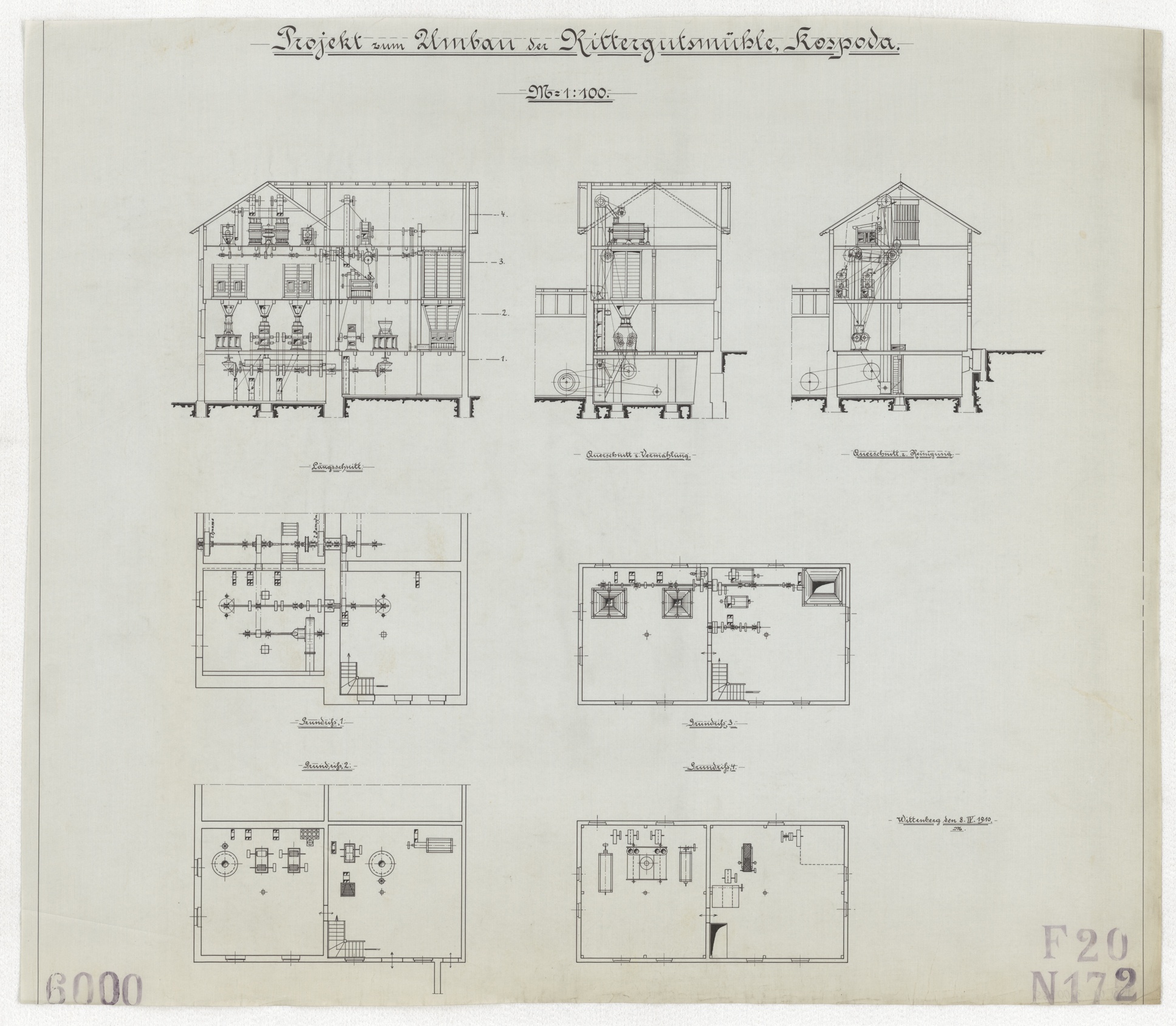 Technische Zeichnung : Projekt zum Umbau der Rittergutsmühle, Kospoda (Stiftung Deutsches Technikmuseum Berlin CC BY-SA)