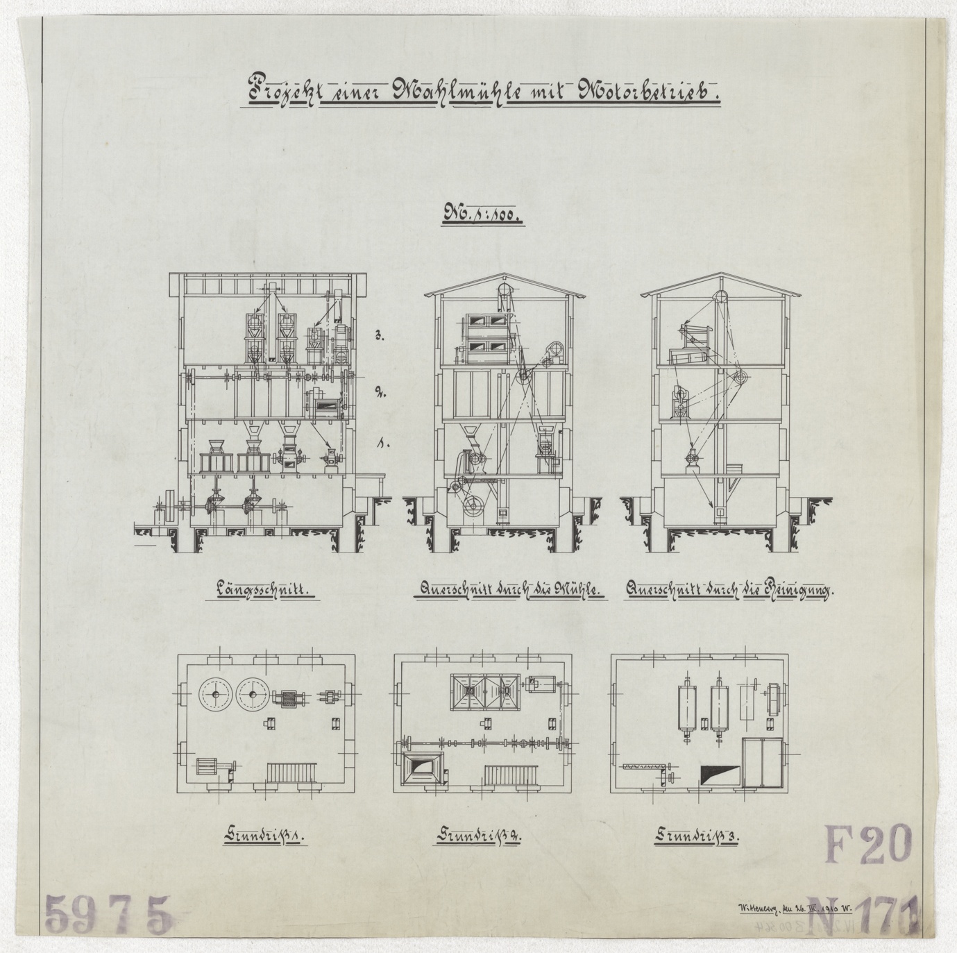 Technische Zeichnung : Projekt einer Mahlmühle mit Motorbetrieb (Stiftung Deutsches Technikmuseum Berlin CC BY-SA)