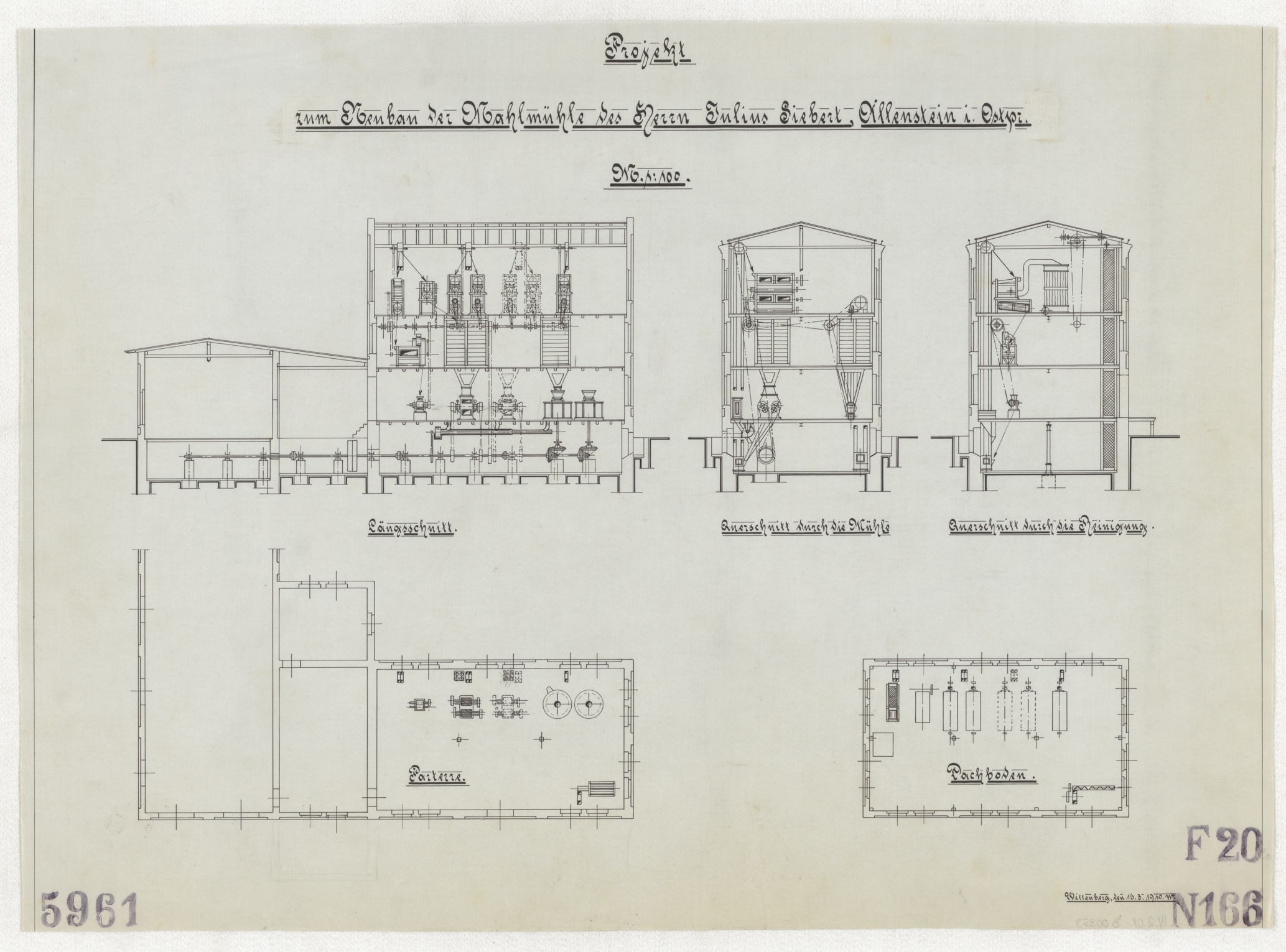 Technische Zeichnung : Projekt zum Neubau der Mahlmühle des Herrn Julius Siebert, Allenstein in Ostpreußen (Stiftung Deutsches Technikmuseum Berlin CC BY-SA)